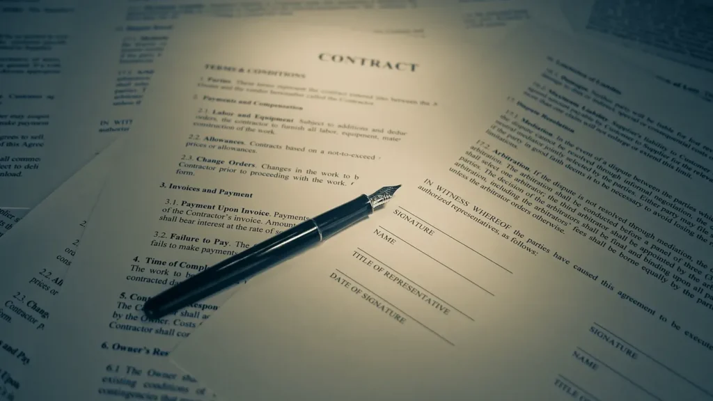 Documento de contrato con una firma y un bolígrafo sobre la mesa