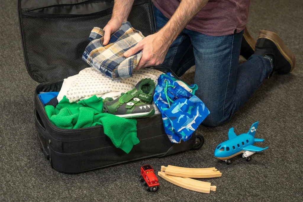Padre preparando la mochila de su hijo antes de un viaje familiar